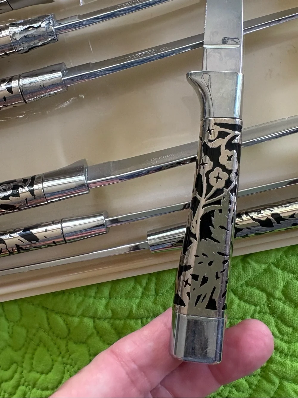 Vtg Carvel Hall Steak Knives by Briddell Floral Silver Overlay Black Set of 8